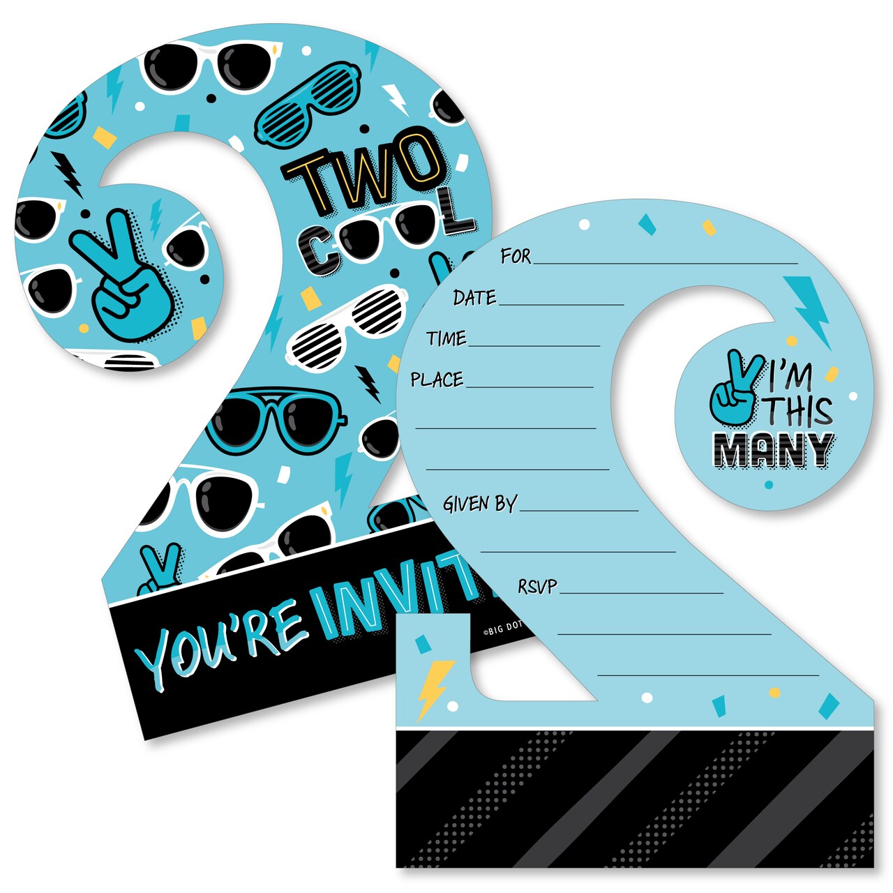 Big Dot of Happiness Two Cool - Boy - Shaped Fill-In Invitations - Blue 2nd Birthday Party Invitation Cards with Envelopes - Set of 12